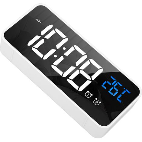 Réveil miroir LED, deux alarmes, rechargeable, à commande vocale, blanc, pour chambre ou table de chevet (1/5)