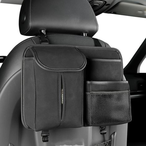 Sacoche de rangement dossier siège auto noir, organiseur suspendu en cuir PU avec crochet, pochette mouchoirs, accessoire voiture pratique. (1/5)