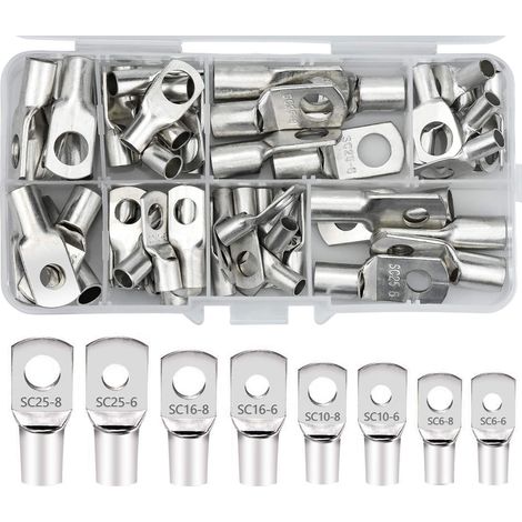 60 Pcs Cosses Électrique Trou boulon en Cuivre Étamé Connecteurs SC à sertir/souder pour câble de 6m㎡ 8m㎡ 10m㎡ 16m㎡ 25m㎡ (1/5)