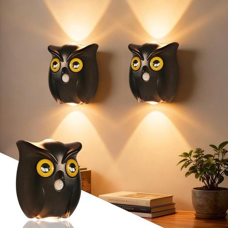 Lot de 2 appliques murales hibou – Détecteur de mouvement – Rechargeables – Magnétiques – Dimmables – Noires (1/5)