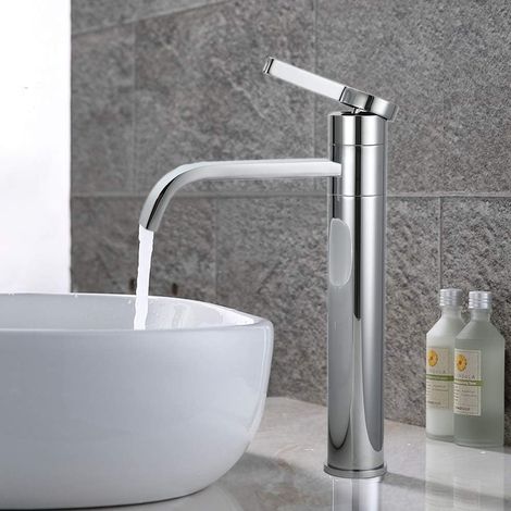 Robinet d'évier de salle de bain chromé, Bain Haut Bec Pivotant 360° - Mitigeur de Lavabo en Laiton Chromé Design Moderne pour Salle de Bain (1/3)