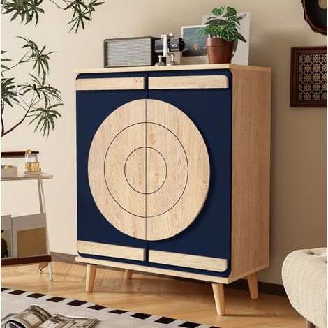 Meuble à chaussures 76x37x98.5 cm bleu et naturel en panneaux de particules avec portes géométriques (1/5)