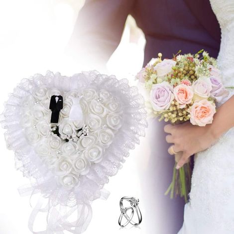 Heart-Shaped Ring Pillow with Foam Rose Flowers for Wedding, White Bridal Ring Cushion, Romantic Love Heart Design for Young People (1/5)
