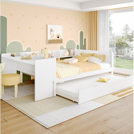 Bett Kiefernholz Weiß 140x200 cm mit Schreibtisch, Regalen und ausziehbarem Rollbett (1/5)