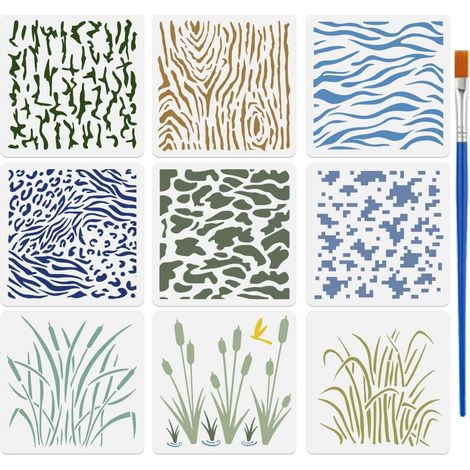 9 Pièces Pochoirs Camo avec un Pinceau 30x30cm Pochoir de Peinture de Texture Bois Pochoir d'Impression Léopard Gabarits de Dessin Roseau pour Peinture sur Toile Meuble Décor Murale DIY (1/5)