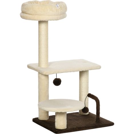 Kratzbaum für Katzen mit Sisalstamm, Futternapf und Spielbällen, aus Korbgeflecht und Plüsch, 44 x 38 x 81 cm, Beige