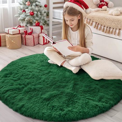 Tapis Moelleux à Poils Longs - Dessous antidérapant - Lavable - pour Le Salon, la Chambre d'enfant, la Chambre à Coucher - 120 cm Rond, Vert Foncé (1/5)