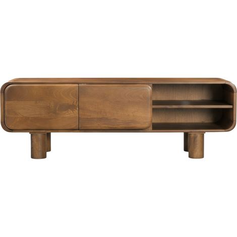 Meuble tv 2 portes en bois massif L140cm - Bois clair - Sira (1/5)