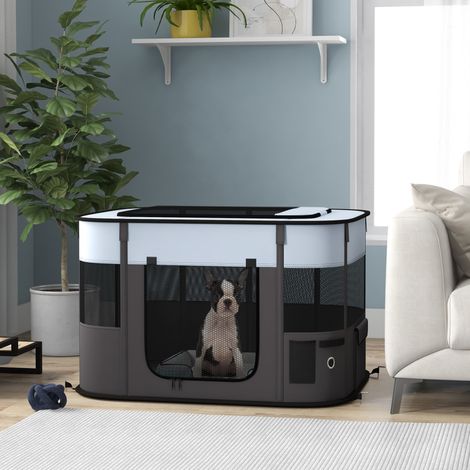 Parque infantil plegable para perros, gatos y animales pequeños, fabricado en tela Oxford con espacio de almacenamiento, 94 x 74 x 60 cm, gris y negro.