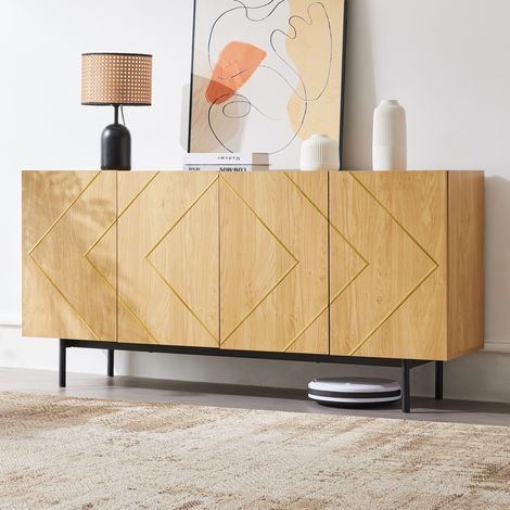 Buffet en bois massif naturel 4 portes, incrustation métallique, dimensions 78x160x40 cm – Commode, meuble de salon, armoire de rangement modulable