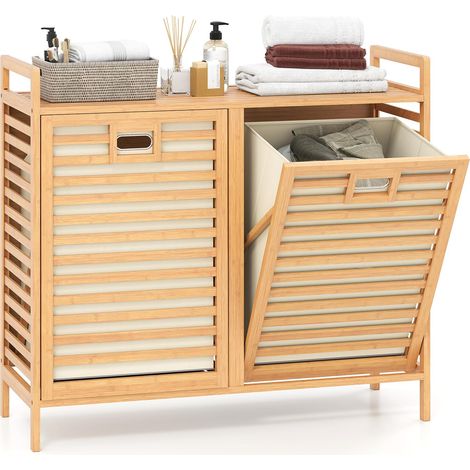 COSTWAY Cesto Portabiancheria in Bambù 75 L, Porta Biancheria Sporca con 2 Cestini Rimovibili, Ripiano Superiore e Maniglie, Mobile Salvaspazio per Bagno, Soggiorno e Ingresso, 80 x 30 x 72 cm (1/5)