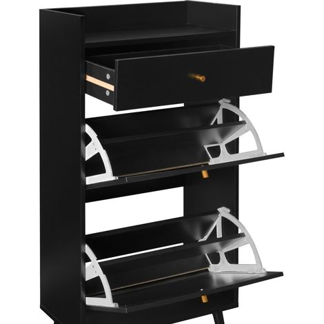 Schwarzer Schuhschrank mit 2 Türen und 1 Schublade, Rattan-Optik, 60 cm (1/5)