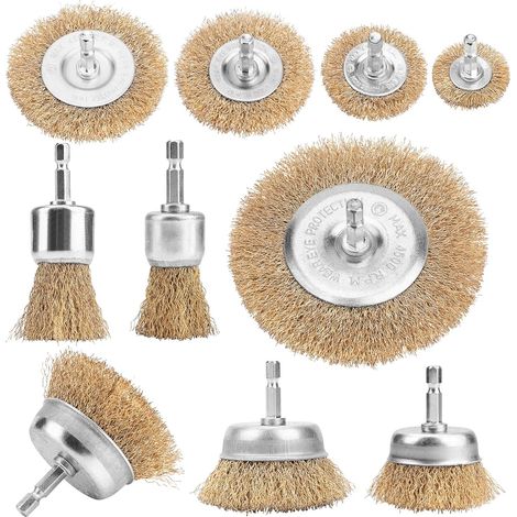 Lot de 10 Brosses Métalliques pour Perceuse et Visseuse, Tige Hexagonale 1/4" (6,35 mm), Brosses Circulaires, Boisseau et Pinceau pour Dérouillage, Décapage et Nettoyage (1/5)