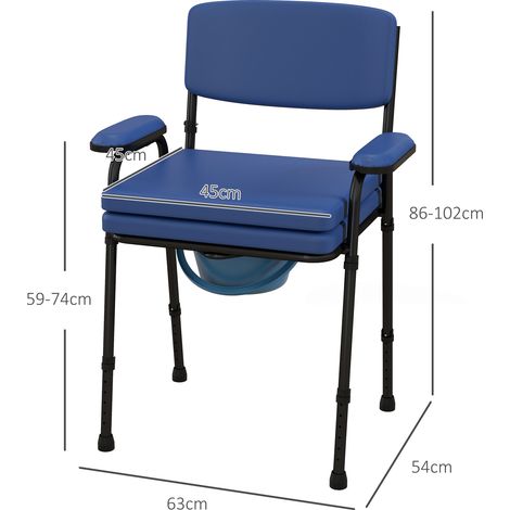 Chaise percée portable 5 en 1 (toilettes et douche combinées) pour les personnes âgées et handicapées, réglable en hauteur, avec seau amovible, bleue. (1/5)