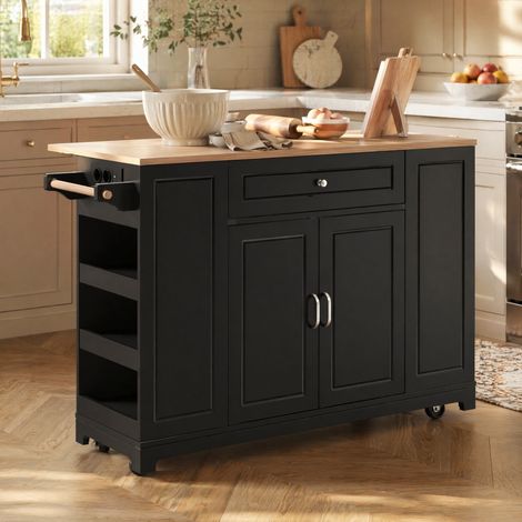 Isola cucina mobile 131,8x40-70x93,3 cm, piano ribaltabile, nero, MDF/PB, FloraGrace (1/5)