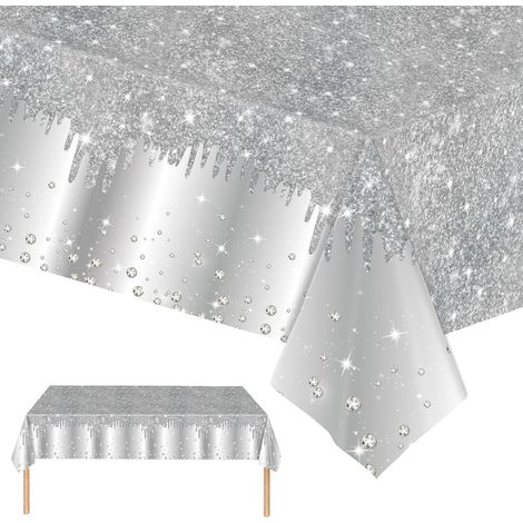 2 pièces de nappes en argent pour fêtes jetables, 137 x 274 cm, brillant avec paillettes en diamant, pour table de réception, mariage, anniversaire, fête de princesse, décor de table pour filles (1/5)