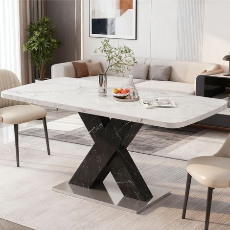 Table à manger extensible 120-160x80x76,5 cm blanc et noir, plateau effet marbre, MEUBLIV (1/5)
