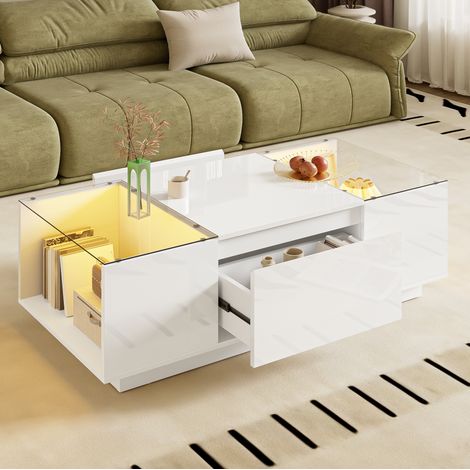 Tavolino da salotto LED 105 x 50 x 35 cm con vani, 2 cassetti, bianco lucido DESVIAE (1/5)