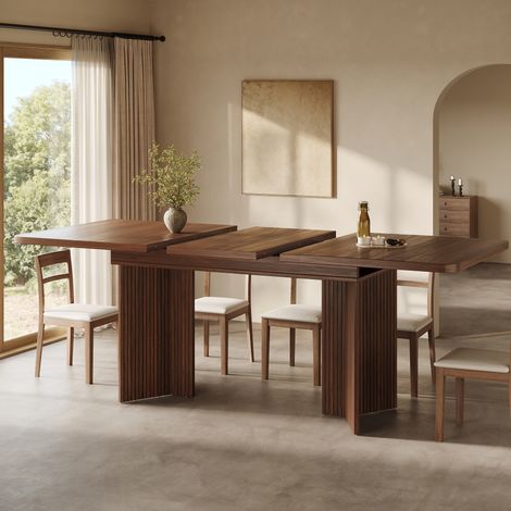 Mesa de comedor extensible 120/160 cm de MDF con patas en V acanaladas, diseño moderno y estable (1/5)