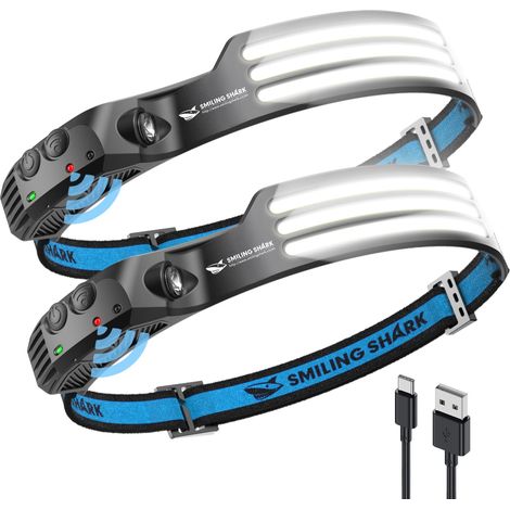 Lampe Frontale, 2 Pièces 230°Angle Large 3LED Bandes Lumineuses Blanches Headlight Rechargeable avec Capteur de Motion Étanche pour Activités Outdoor, Lampe-Frontale-LED-Camping (1/5)
