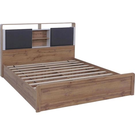 Letto king size HHG-833, struttura letto matrimoniale con rete a doghe, MDF 180x200 cm, effetto rovere Wotan, bianco