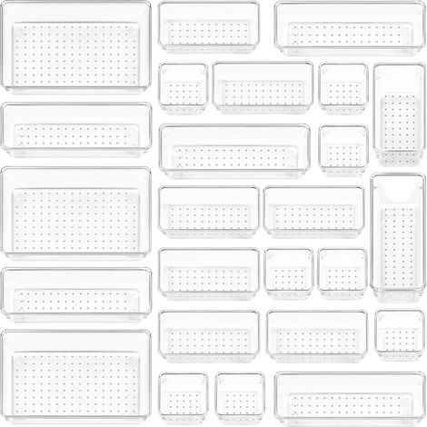 Juego de 25 organizadores de cajones - 4 tamaños, contenedores de plástico transparente - Perfectos para baño, tocador, oficina, cocina, utensilios y maquillaje