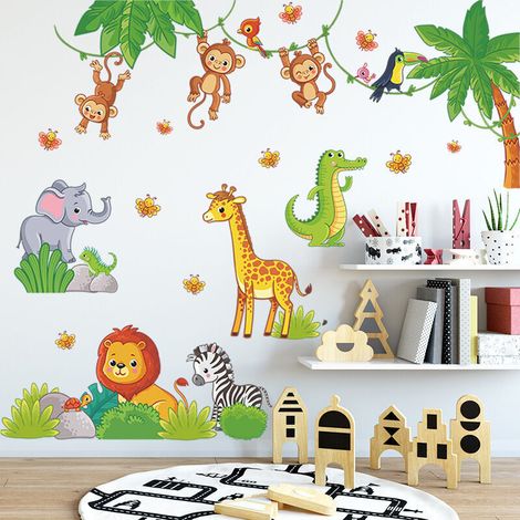 Stickers muraux animaux jungle – Décoration murale chambre enfants – Autocollants amovibles imperméables 60cm x 90cm – Lot de 4 designs (1/5)