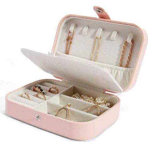 Boîte à bijoux de voyage portable (rose), en cuir, coffret de rangement pour bijoux