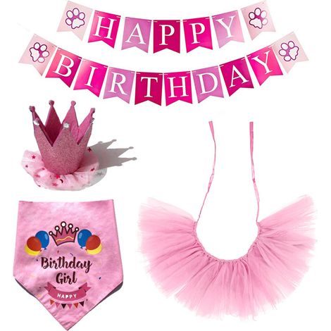 4 accessoires de décoration pour anniversaire chien : jupe bouffante, fanion, foulard triangulaire, couronne élastique (1/5)