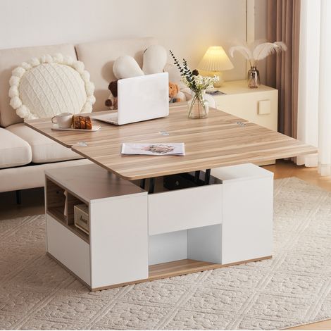 Table basse relevable en panneaux de particules blanc et bois 100 cm avec rangements et tiroirs (1/5)