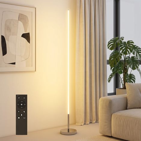 HOMCOM lámpara de pie moderna, lámpara salón con brillo, temperaturas de color ajustables 3000k-6000K, mando a distancia magnético, gris plateado (1/5)