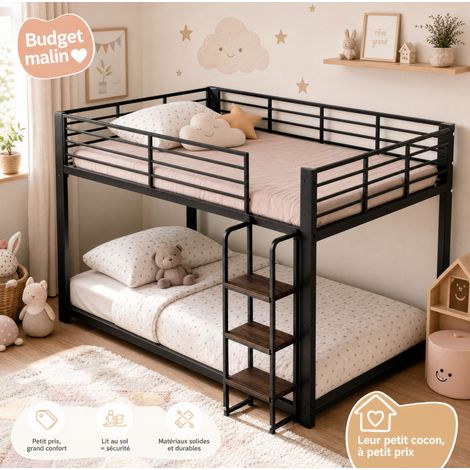 Lit mezzanine 140x200 cm métal noir avec escalier bois, gain de place, sans matelas – MEUBLIV (1/5)