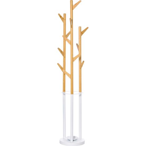 Porte-manteaux arbre 12 crochets porte-parapluie bambou nature+blanc pour salon chambre (1/5)