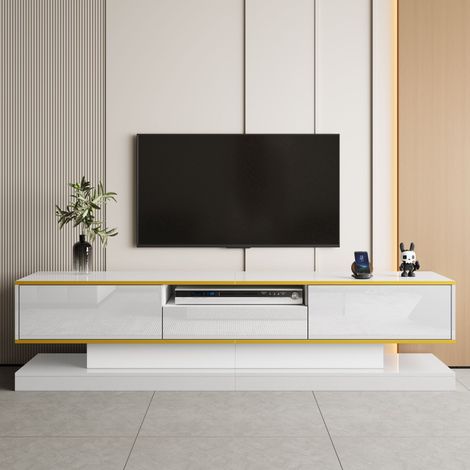 Meuble TV moderne avec trois tiroirs et un compartiment ouvert - finition laquée brillante avec éclairage LED multicolore, 180 x 38 x 45 cm (1/4)
