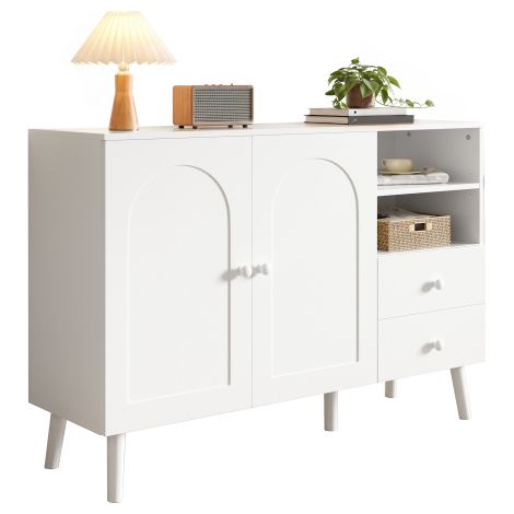 Credenza, ante curve, maniglie in legno, piedini in legno, con 2 ante, 2 cassetti e 2 vani a giorno, molteplici spazi contenitivi, per soggiorno, sala da pranzo, corridoio (1/5)