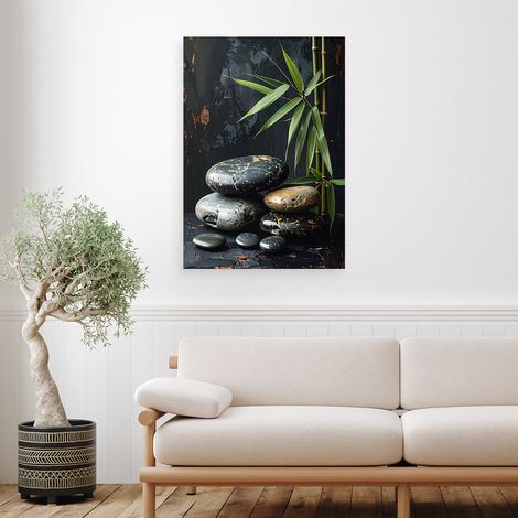Wandbild Schwarze Zen Spa Steine Blätter auf schwarzem Hintergrund 60x90 (1/4)