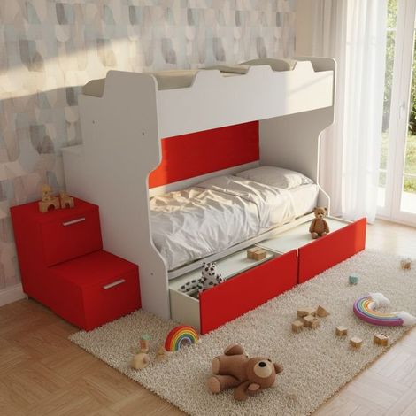 Letto a castello salvaspazio con scala a cassettoni e camminatoio - Bianco e Rosso