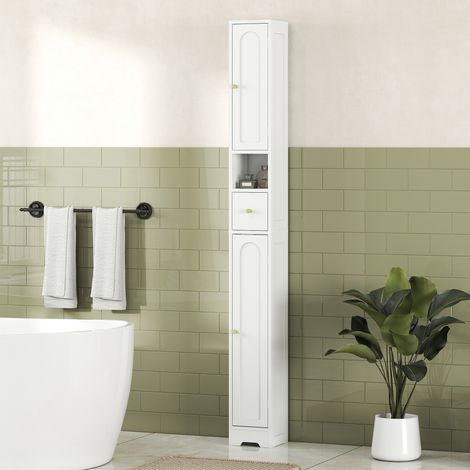 Mueble columna para baño, unidad de almacenamiento, 2 puertas, cajón, compartimento abierto, estante ajustable, blanco