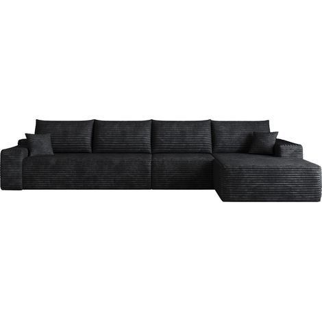 Canapé d'angle modulable noir 340 cm, canapé 4 places avec méridienne, velours côtelé, sans montage (1/5)