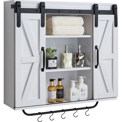 VEVOR Armoire murale salle de bain, 2 portes et etagere reglable, armoire a pharmacie au-dessus des toilettes, meuble suspendu avec cloison ouverte, porte-serviettes et crochets, pour buanderie, blanc