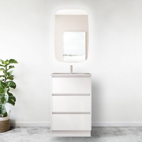 Mobile bagno a terra 60 cm 3 cassetti in legno bianco lucido con lavabo ad incasso - Nova - Con specchio e lampada LED
