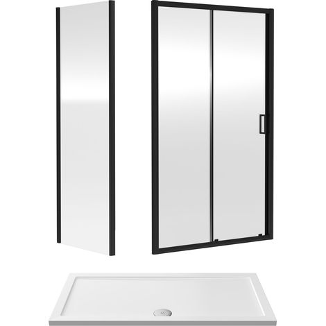 Balterley Sliding Shower Suite with 6mm Safety Glass Door, Side Panel & 1400 x 700mm Shower Tray in Matt Black Frame (1/3)