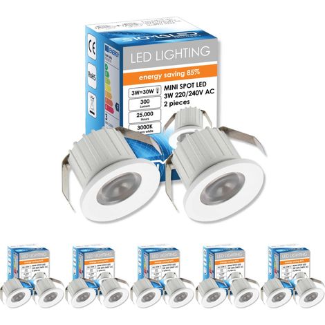 10x Mini Spot LED Encastrable 3W Dimmable 3000K Blanc Chaud, Rond Aluminium, Ø35x25mm Trou 30mm Faisceau 30°, Plafond Meuble Escalier, 220-240V Direct, 5 boites de 2 pcs (1/5)