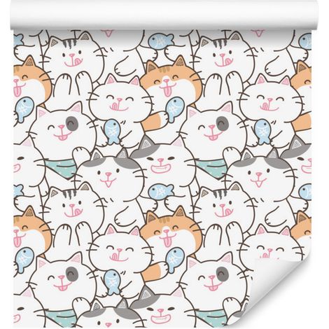 Papel pintado de gatitos alegres y peces para salón y dormitorio, 50x1000 cm. (1/5)