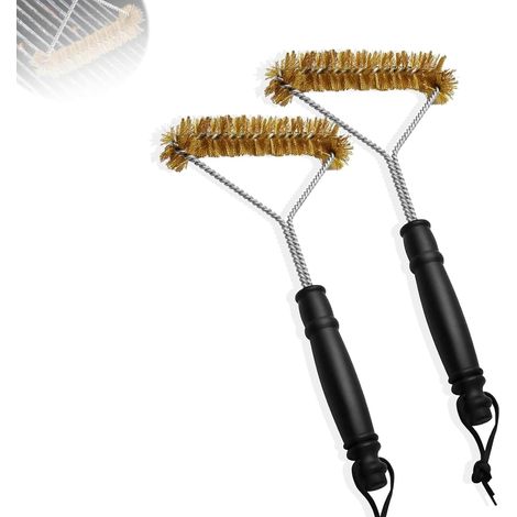 Lot de 2 brosses de nettoyage triangulaires de 30,5 cm avec poils en laiton et poignée en plastique anti-brûlure pour grille de barbecue, barbecue à gaz, barbecue au charbon de bois, barbecue en fonte (1/5)