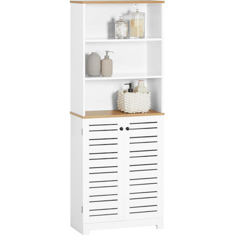 Sobuy – Colonne de salle de bain BZR44W – Armoire haute avec 3 étagères ouvertes et 2 portes – Bois MDF laqué blanc – Dimensions L60cm x P30cm x H160cm