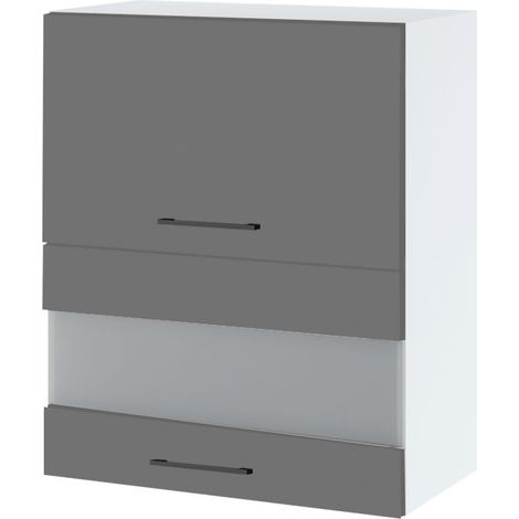Meuble haut de cuisine Lovia Gris Mat 2 portes relevables avec vitre opaque L 60 cm - Porte avec poignée apparente Grey