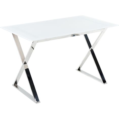 Mesa de comedor de vidrio templado blanco plateado 120 x 70 cm patas metal Attica
