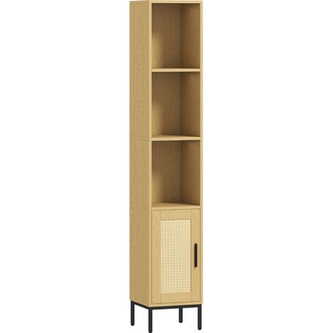 Armario de baño alto y estrecho con estantes abiertos y estante ajustable, aspecto de madera natural. (1/5)