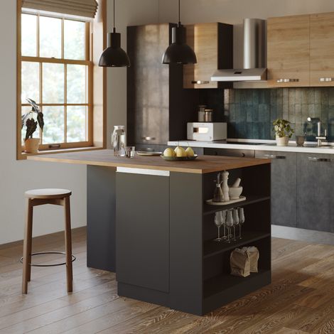 Ilot de cuisine moderne 160 cm anthracite mat/chêne wotan Solena (1/5)